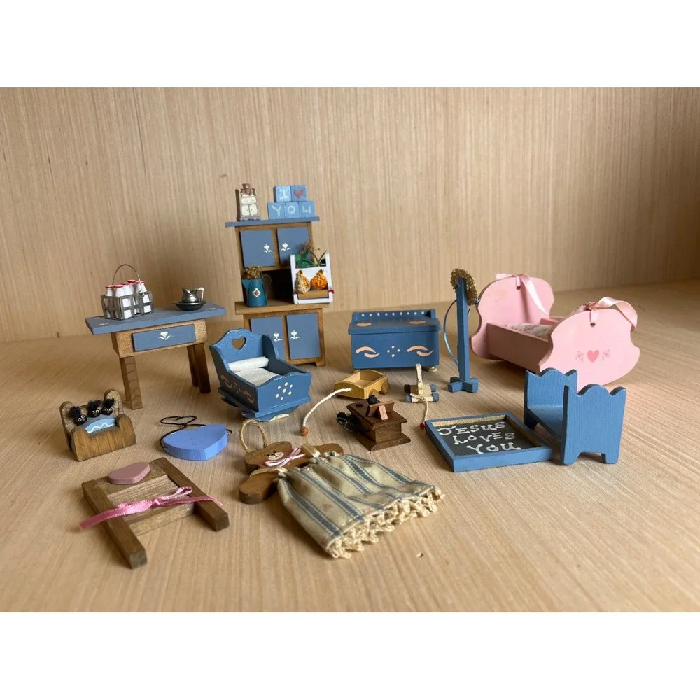 Vintage Miniature Wooden Dollhouse Cottagecore Furniture Set Country Farmhouse